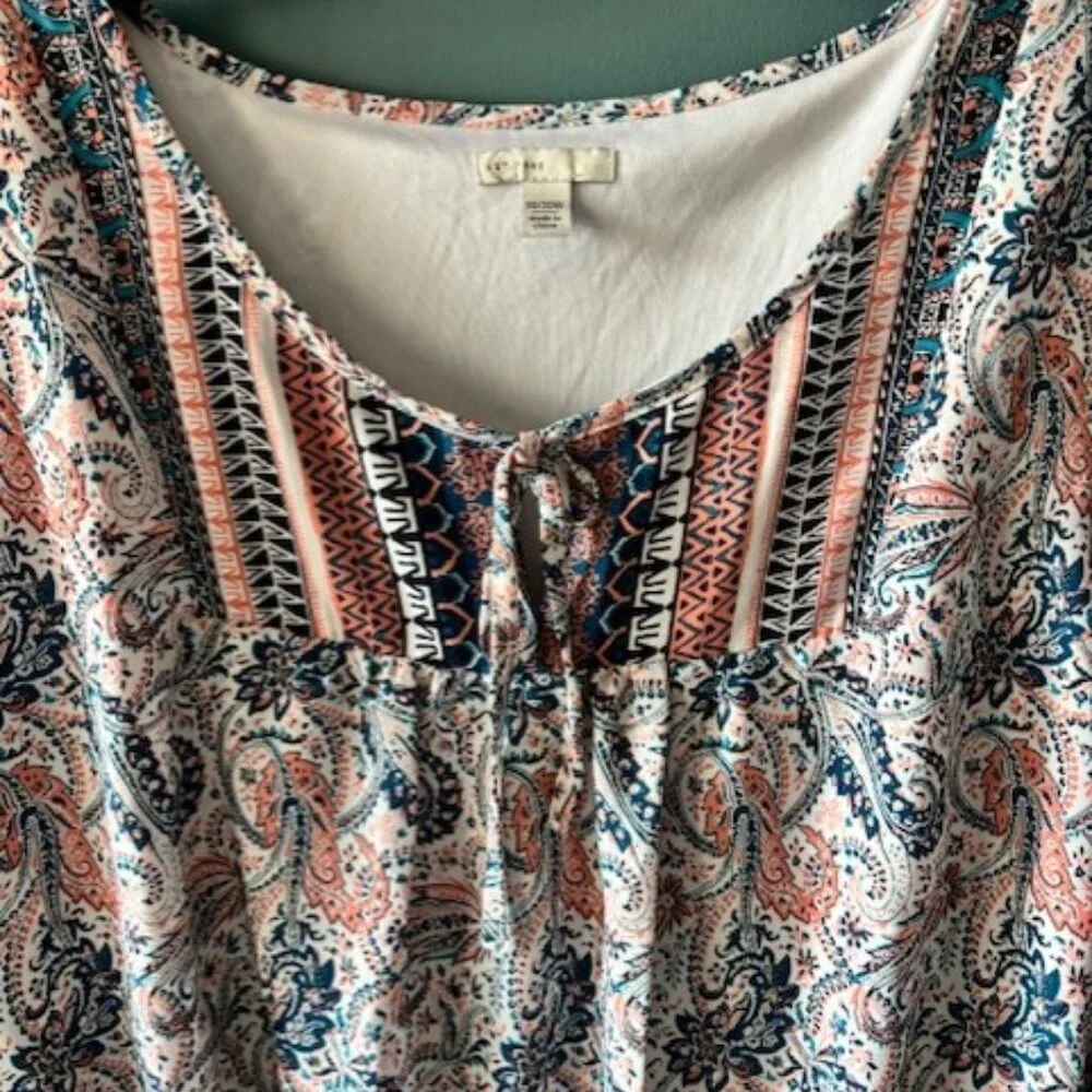 Est 1946 Women's 18/20 W Blue Peach V Neck Peasant Bell Sleeve Boho Drop Waist - Picture 3 of 6